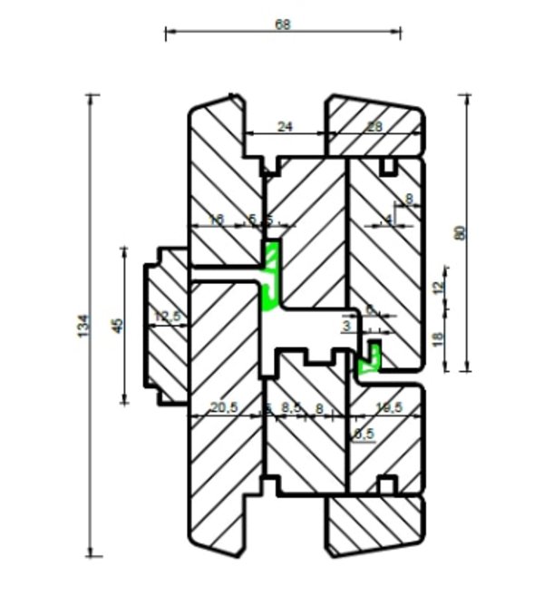 STOLMA Premium 68 Denkmalschutz - Bug Stil mit Stulp - Flügel 80mm - Schnitt Technische Zeichnung von STOLMA Premium 68 Denkmalschutz - Bug Stil mit Stulp - Flügel 80mm - Schnitt