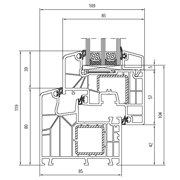 Technische Zeichnung von STOLMA Aluplast 8000 Fenster - Dreh-Kipp - DK - Blendrahmen Nr. 180x05 - Flügel Nr. 180x20 Schnitt