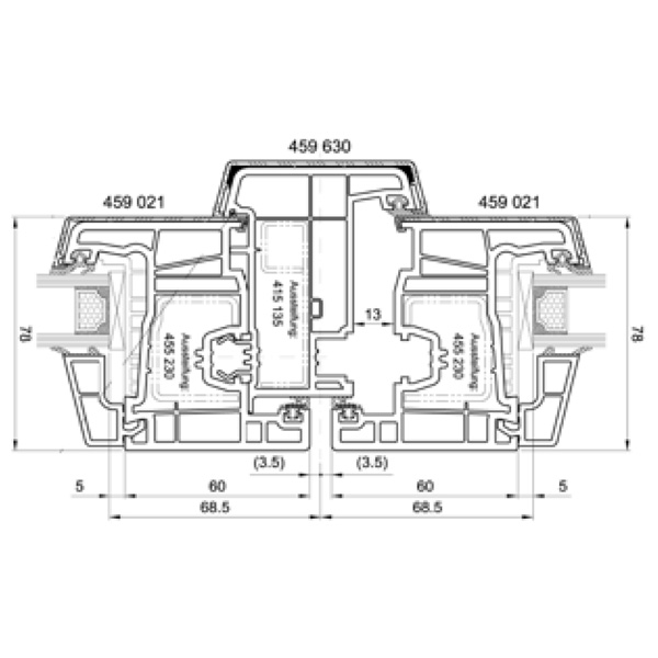 Technische Zeichnung von STOLMA Salamander 76 Aluminium Fenster - Dreh-Kipp - Dreh mit Stulp - (DK-D) - Flügel Nr. 251021 - Stulp Nr. 256030 - Schnitt