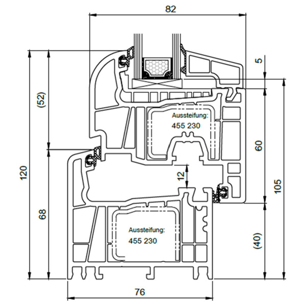 Technische Zeichnung von STOLMA Salamander 76 Roundline Fenster - Dreh-Kipp - DK - Blendrahmen Nr. 250221 - Flügel Nr. 251221 - Schnitt