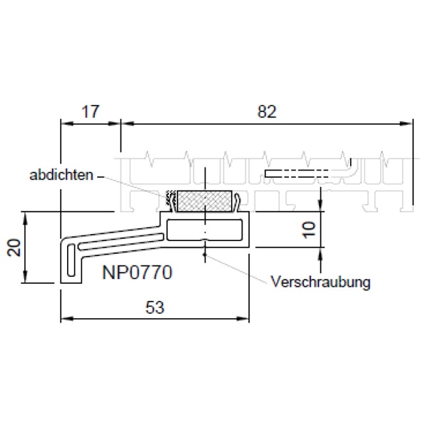 Technische Zeichnung von STOLMA Salamander Fensterbankanschlussprofil 53x20mm - FBA Nr. NP0770 - Schnitt