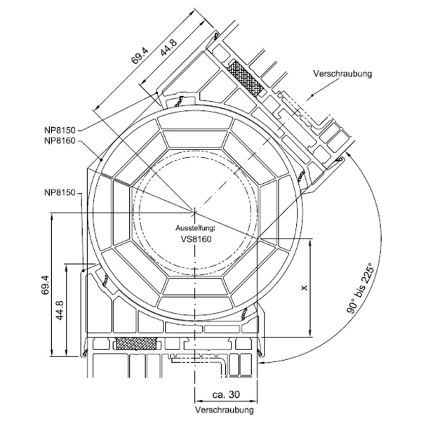 Technische Zeichnung von STOLMA Salamander Kopplung - Variable Eckkopplung - Kopplung mit Adapter Nr. NP8150 - Rohr Nr. NP8160 - Verstärkung Nr. VS8160 - Schnitt
