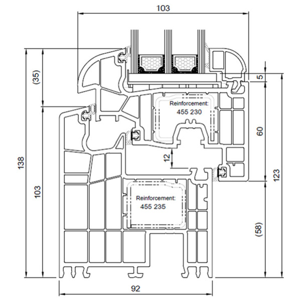 Technische Zeichnung von STOLMA Salamander 92 Fenster - Breiter Blendrahmen 103mm Dreh-Kipp - (DK) - Breiter Blendrahmen Nr. 170430 - Flügel Nr. 171226 - Schnitt