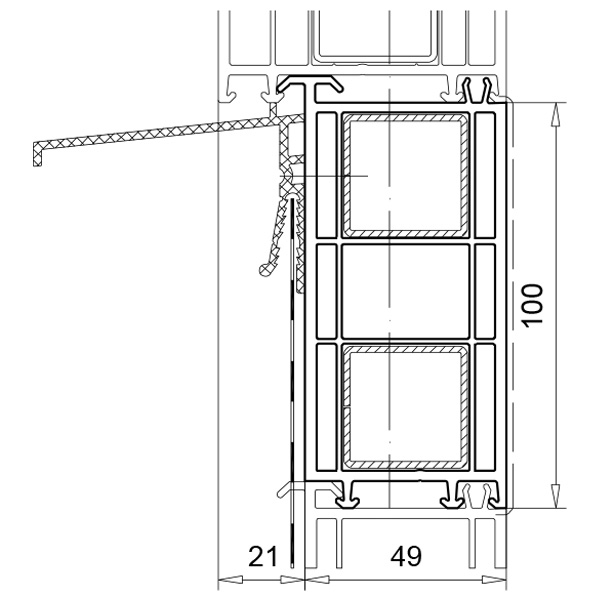 Technische Zeichnung von STOLMA VEKA Balkonanschlussprofil - Balkonanschlussprofil 100mm - Balkonanschlussprofil Nr. 109445 - Verstärkung Nr. 1130251 - Schnitt