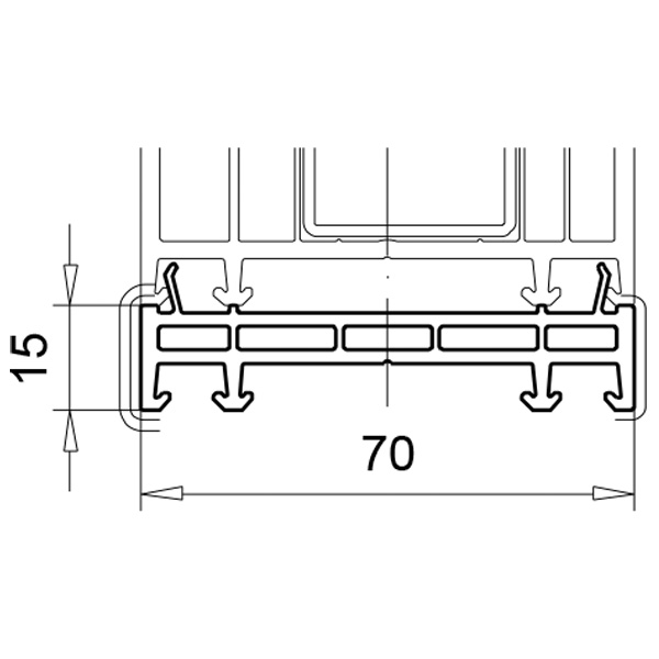 Technische Zeichnung von STOLMA VEKA SL 70 Swingline Verbreiterung - Verbreiterung 15mm - 15mm Nr. 114200 - drehbarer Einschlaganker Nr. 141138 - Schnitt