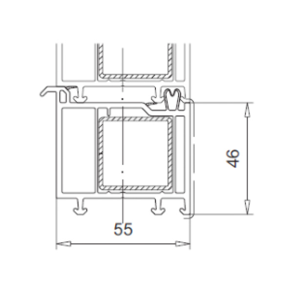 Technische Zeichnung von STOLMA VEKA Balkonanschlussprofil - Balkonanschlussprofil 46mm - Balkonanschlussprofil Nr. 109126 - Verstärkung Nr. 113025 - Schnitt