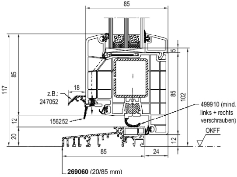 technische Zeichnung einer innen öffnenden Aluplast 8000 Haustür mit flacher Bodenschwelle