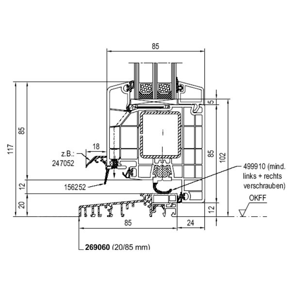 Technische Zeichnung von STOLMA Aluplast 8000 Haustür - Aluminiumbodenschwelle nach innen öffnend - Flügel Nr. 180x30 Schnitt