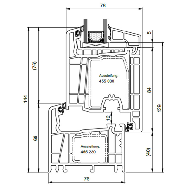 Technische Zeichnung von STOLMA Salamander 76 Haustür - Nebeneingangstür nach innen öffnend - Blendrahmen Nr. 250221  - Flügel Nr. 251030 - Schnitt