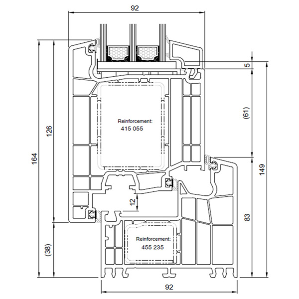 Technische Zeichnung von STOLMA Salamander 92 Haustür - Haustür nach außen öffnend - Blendrahmen Nr. 170420 - Flügel Nr. 371040 - Schnitt