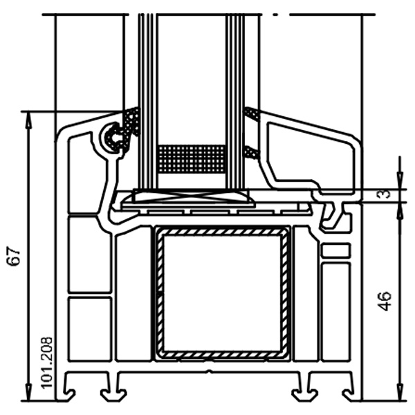 Technische Zeichnung von STOLMA VEKA SL 70 Haustür - Nebeneingangstür Festverglasung - (FoF) - Blendrahmen Nr. 101208 - Schnitt