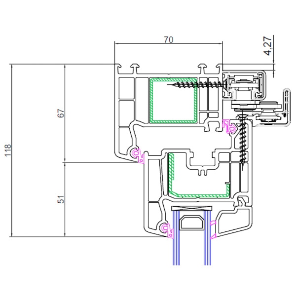 Technische Zeichnung von STOLMA VEKA SL 70 Parallel-Schiebe-Kipp-Tür - Flügel - Blendrahmen oben - Schnitt