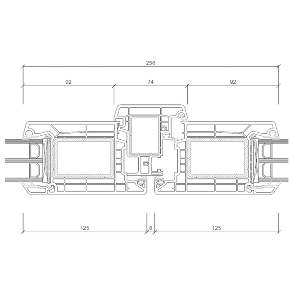 Technische Zeichnung von STOLMA VEKA SL 76 Haustür - Haustür nach innen öffnend mit Stulp - Flügel Nr. 105400 - Stulp Nr. 102356 - Schnitt