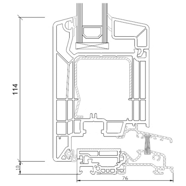 Technische Zeichnung von STOLMA VEKA SL 76 Haustür - Nebeneingangstür flache Bodenschwelle nach außen öffnend - Blendrahmen Nr. 101350 - Flügel Nr. 103386 - Schnitt