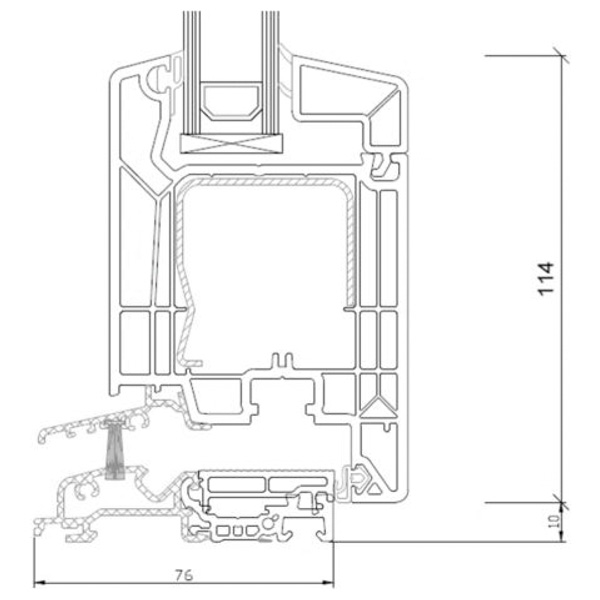 Technische Zeichnung von STOLMA VEKA SL 76 Haustür - Nebeneingangstür flache Bodenschwelle nach innen öffnend - Blendrahmen Nr. 101350 - Flügel Nr. 103385 - Schnitt