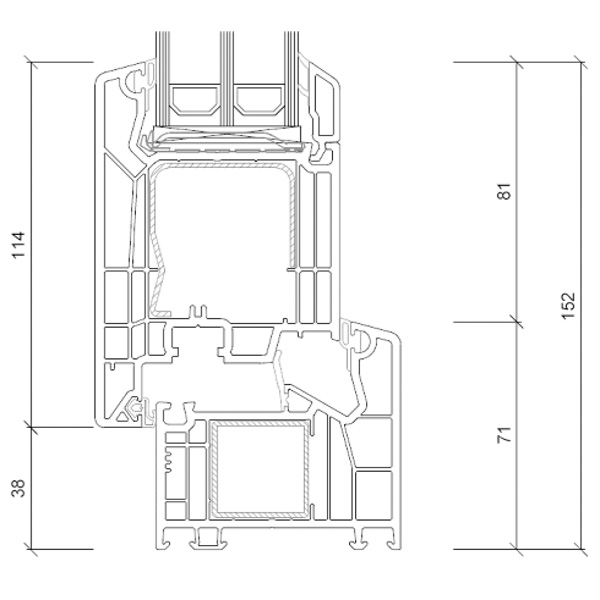 Technische Zeichnung von STOLMA VEKA SL 76 Haustür - Nebeneingangstür nach außen öffnend - Blendrahmen Nr. 101350 - Flügel Nr. 103386 - Schnitt