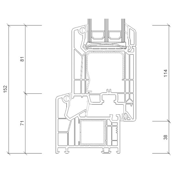 Technische Zeichnung von STOLMA VEKA SL 76 Haustür - Nebeneingangstür nach innen öffnend - Blendrahmen Nr. 101350 - Flügel Nr. 103385 - Schnitt